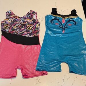 Girls Shiny Pink Multi-Print and Turquoise Gymnastics Leos - Set of 2